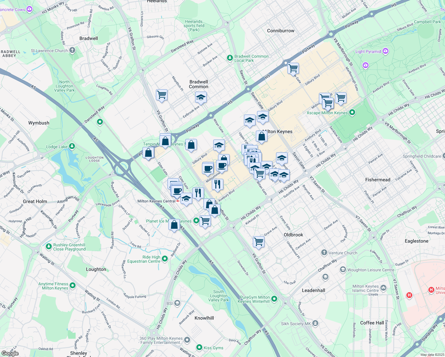 map of restaurants, bars, coffee shops, grocery stores, and more near 170 Midsummer Boulevard in Milton Keynes