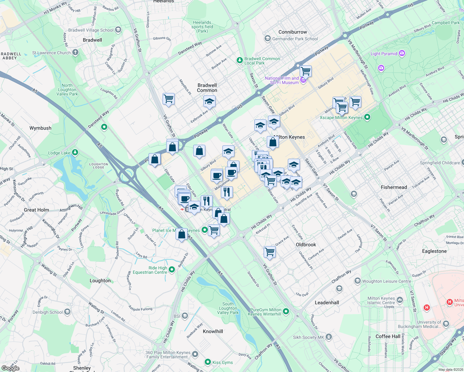 map of restaurants, bars, coffee shops, grocery stores, and more near 170 Midsummer Boulevard in Buckinghamshire