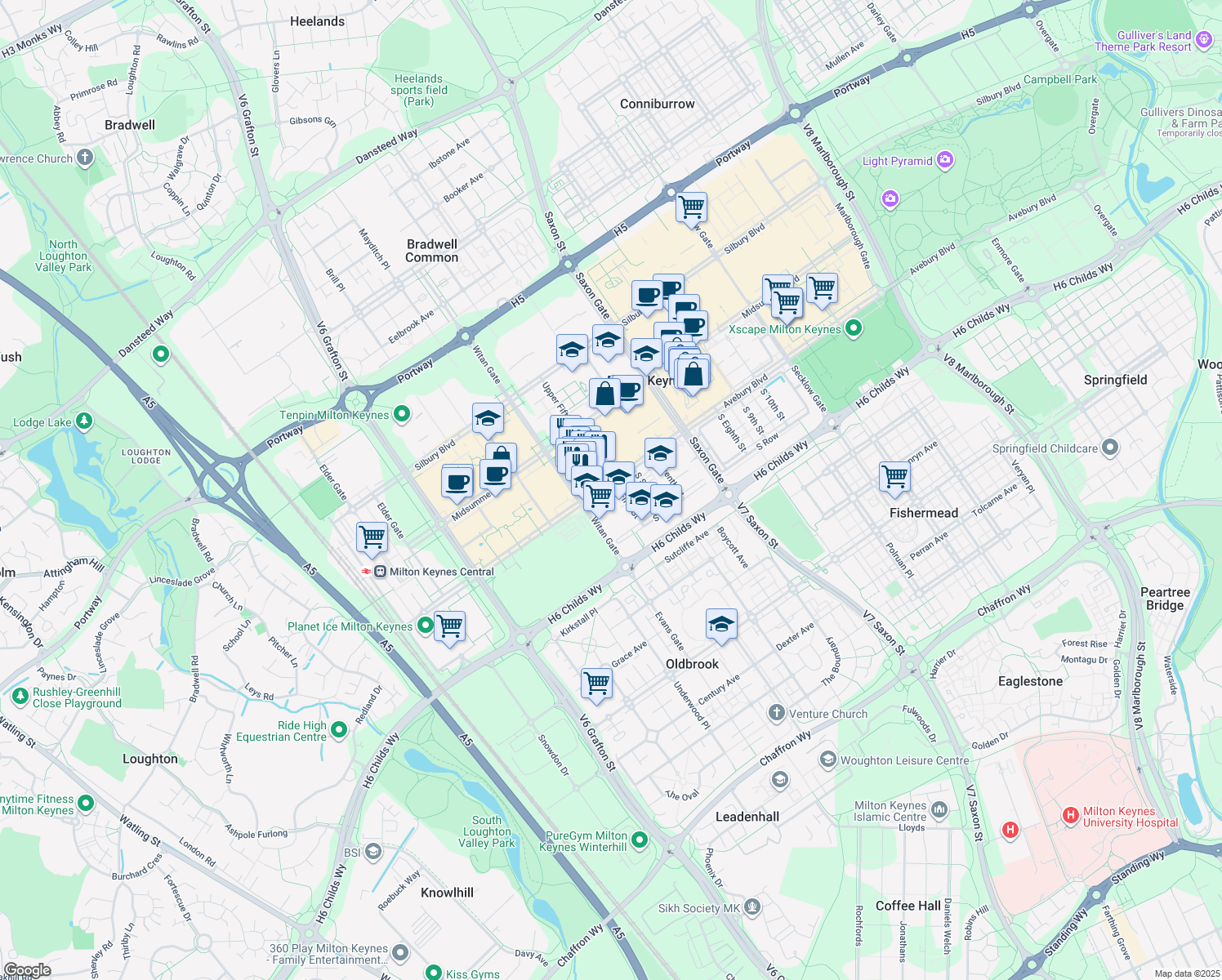 map of restaurants, bars, coffee shops, grocery stores, and more near 350 Avebury Boulevard in Milton Keynes
