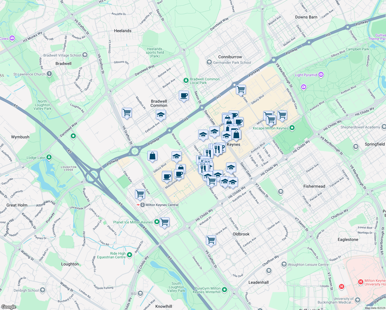 map of restaurants, bars, coffee shops, grocery stores, and more near 201 Witan Gate in Buckinghamshire