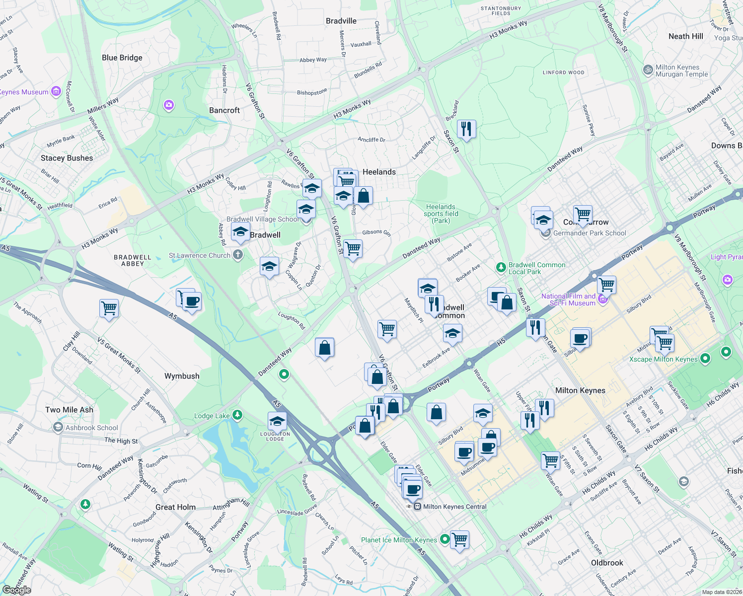 map of restaurants, bars, coffee shops, grocery stores, and more near 40 Brill Place in Bradwell Common