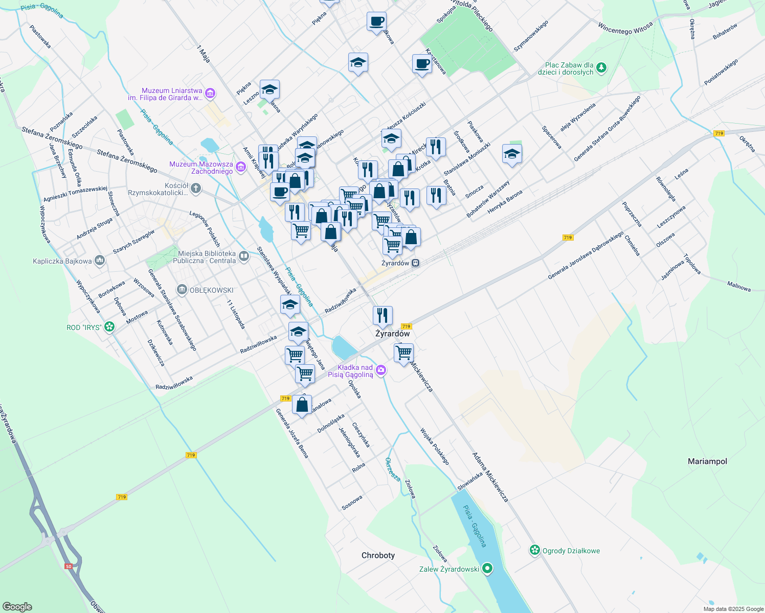 map of restaurants, bars, coffee shops, grocery stores, and more near 1-3 Adama Mickiewicza in Żyrardów