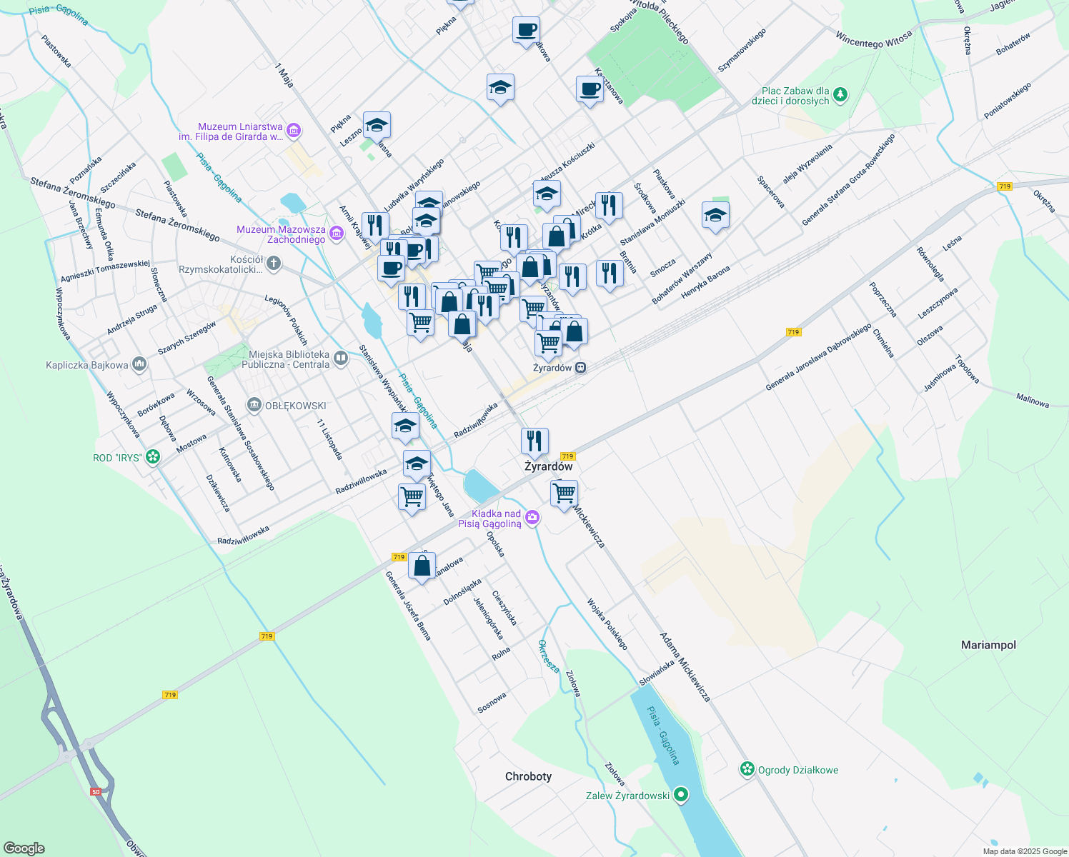 map of restaurants, bars, coffee shops, grocery stores, and more near 1-3 Adama Mickiewicza in Żyrardów