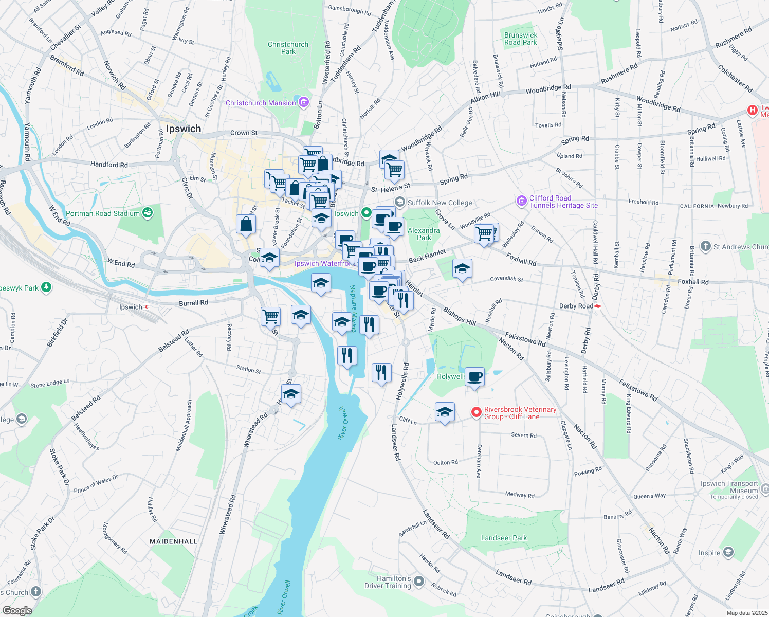 map of restaurants, bars, coffee shops, grocery stores, and more near 3 University Avenue in Suffolk