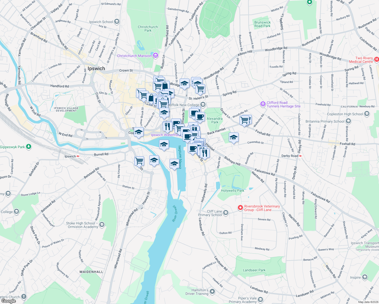 map of restaurants, bars, coffee shops, grocery stores, and more near 3 University Avenue in Suffolk