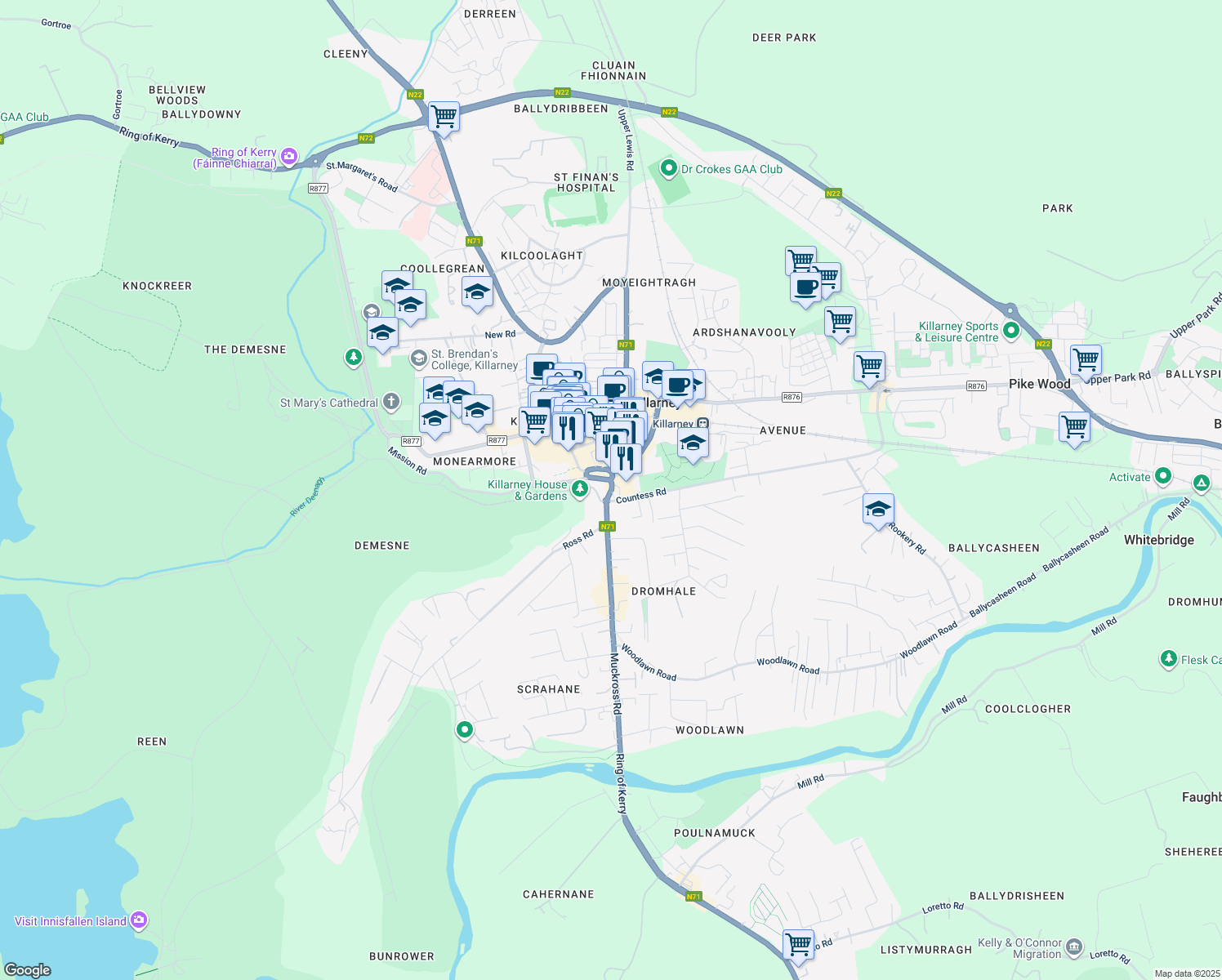 map of restaurants, bars, coffee shops, grocery stores, and more near The Haha in Killarney