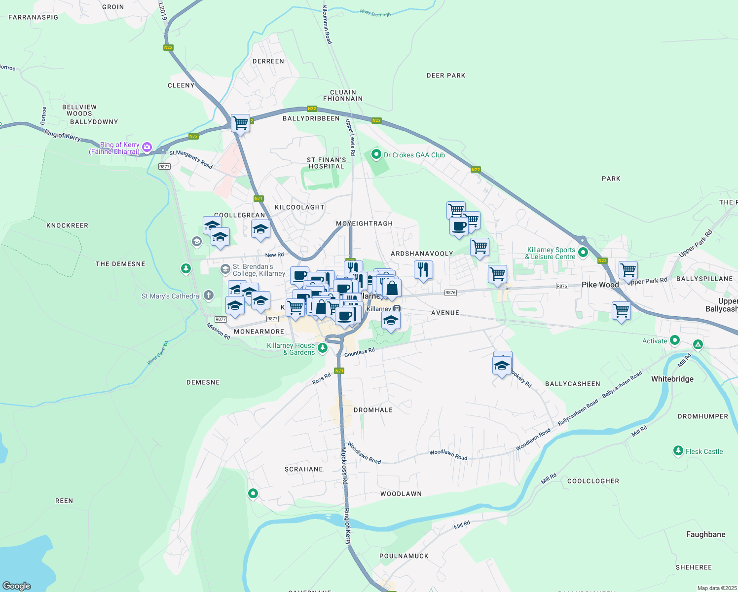 map of restaurants, bars, coffee shops, grocery stores, and more near in Killarney