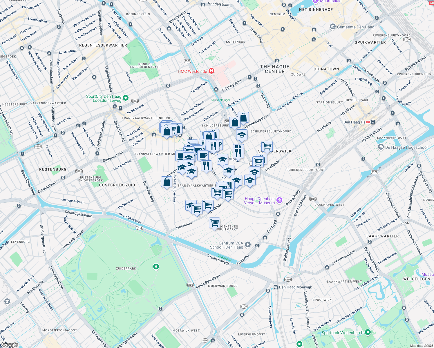 map of restaurants, bars, coffee shops, grocery stores, and more near 242 De Heemstraat in Den Haag
