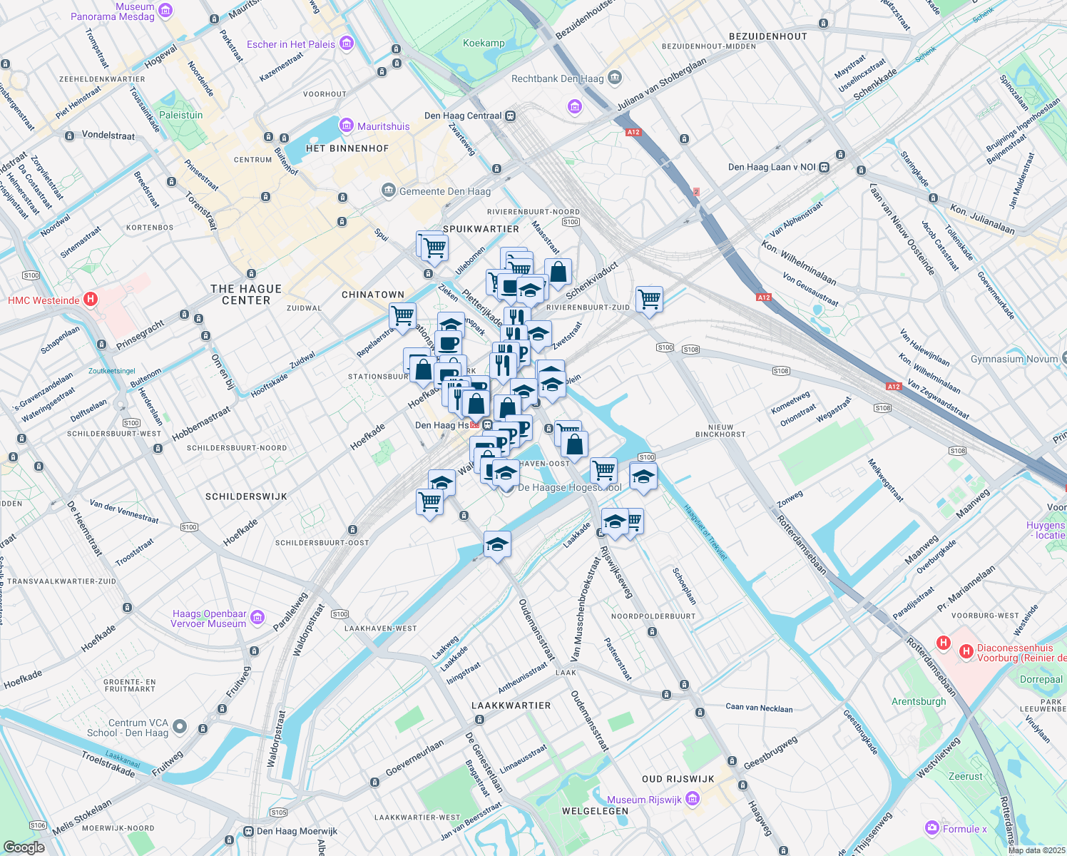 map of restaurants, bars, coffee shops, grocery stores, and more near 1 Enthovenplein in The Hague