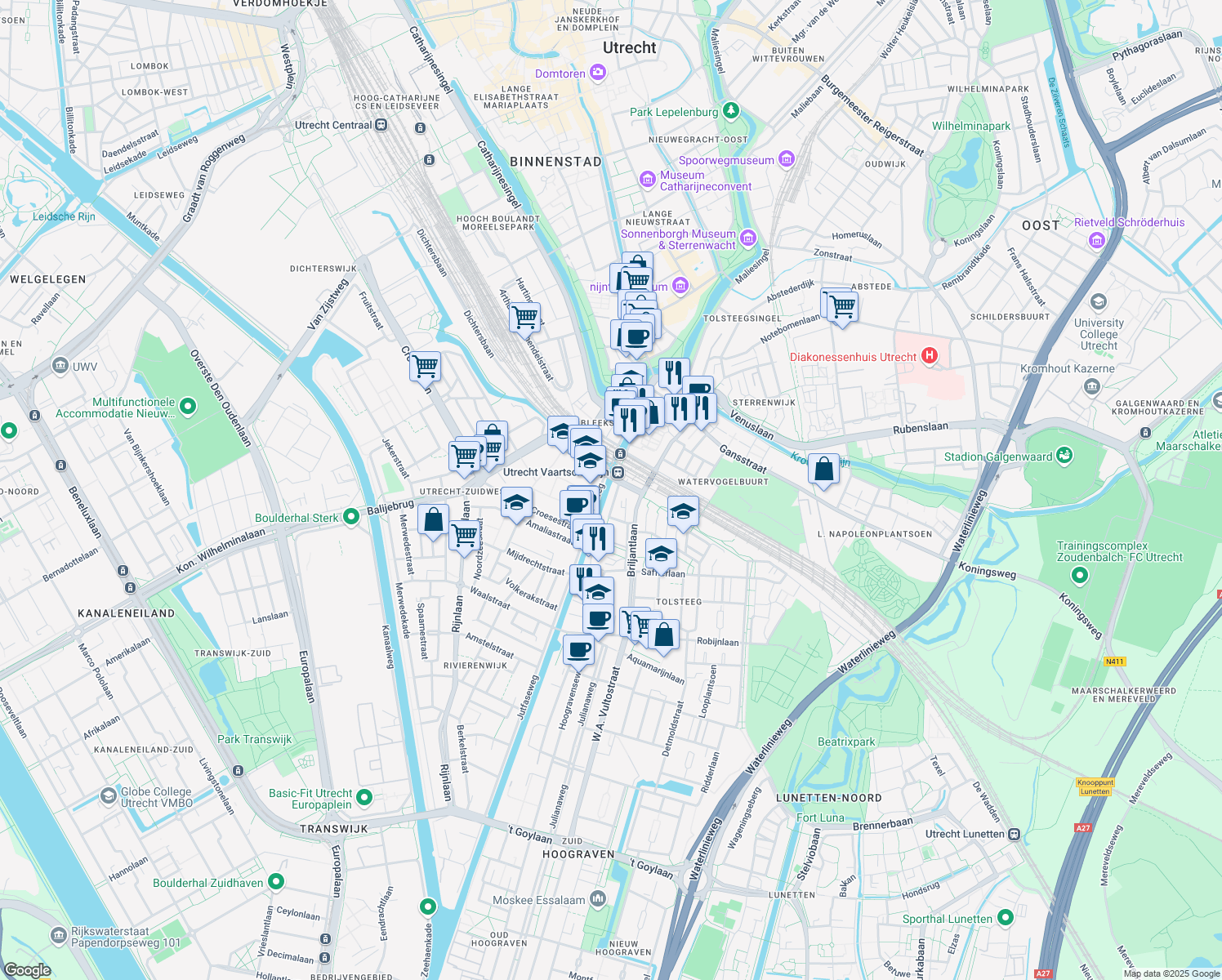 map of restaurants, bars, coffee shops, grocery stores, and more near 3 Helling in Utrecht
