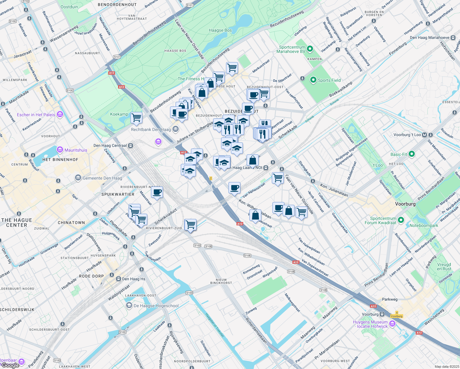 map of restaurants, bars, coffee shops, grocery stores, and more near 800 Prinses Beatrixlaan in Den Haag