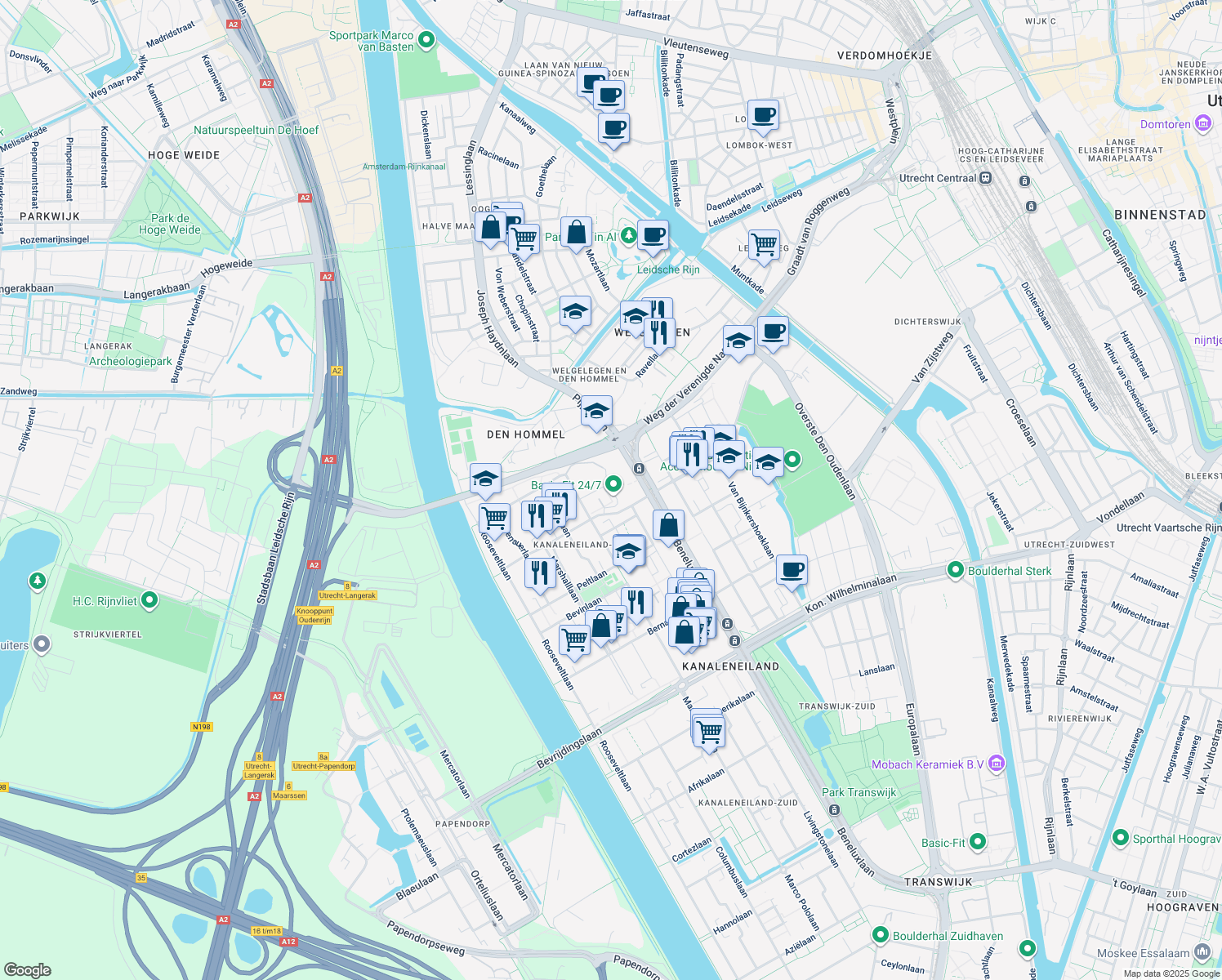 map of restaurants, bars, coffee shops, grocery stores, and more near Van Heuven Goedhartplein in Utrecht
