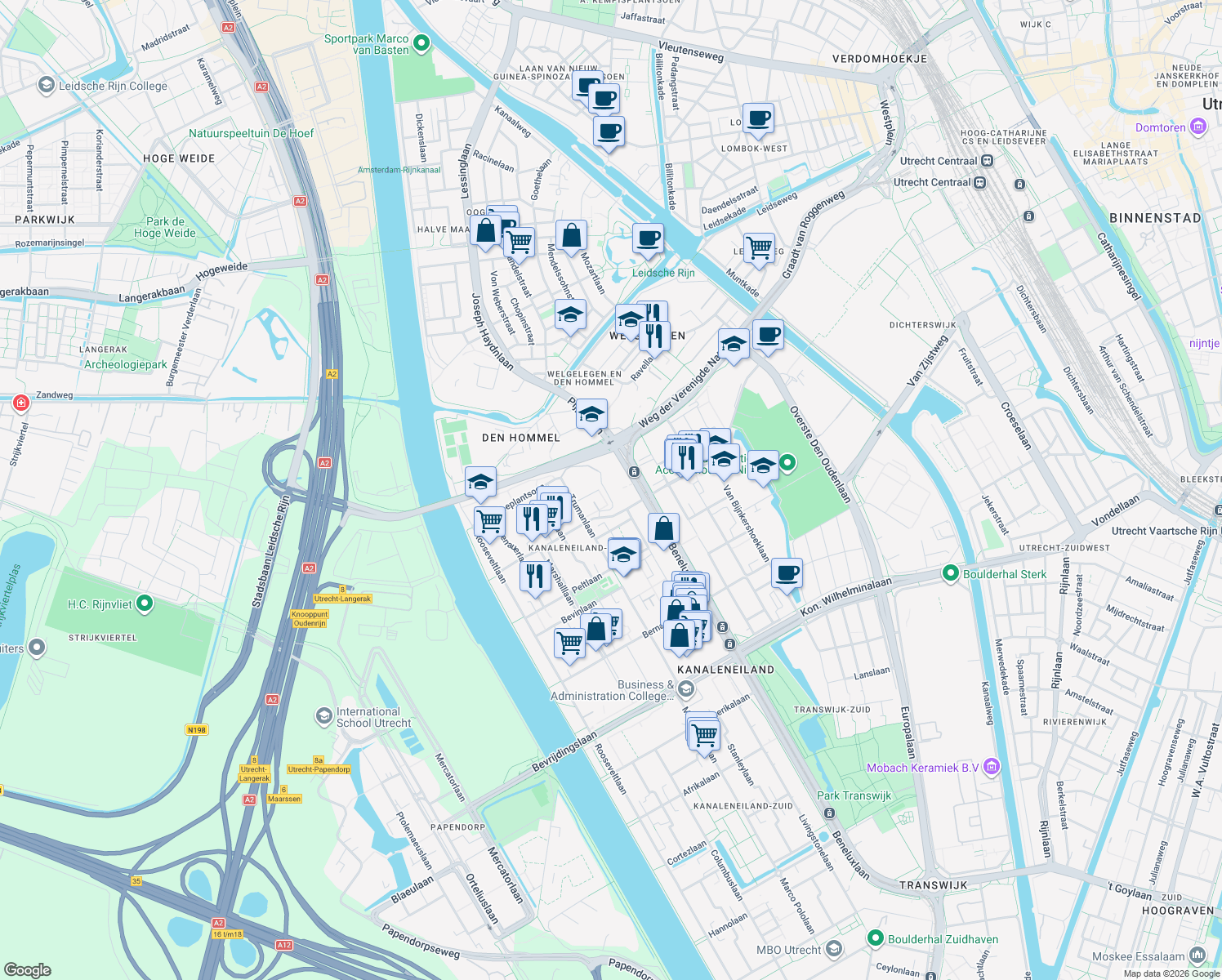 map of restaurants, bars, coffee shops, grocery stores, and more near 13a Van Heuven Goedhartplein in Utrecht