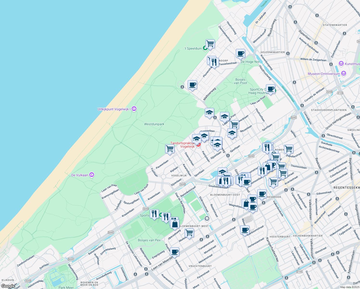 map of restaurants, bars, coffee shops, grocery stores, and more near 228 Laan van Poot in The Hague