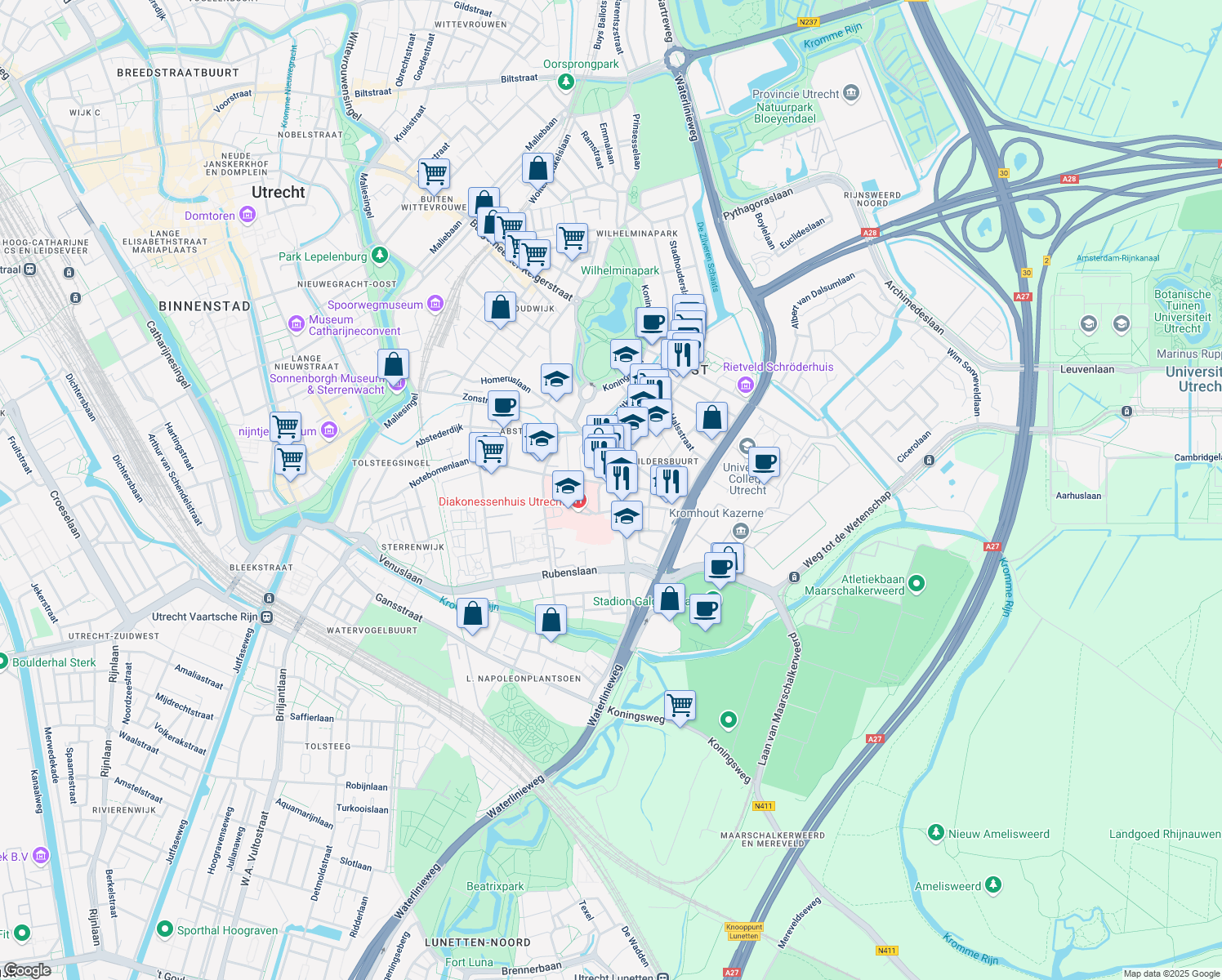 map of restaurants, bars, coffee shops, grocery stores, and more near 67A Adriaen van Ostadelaan in Utrecht