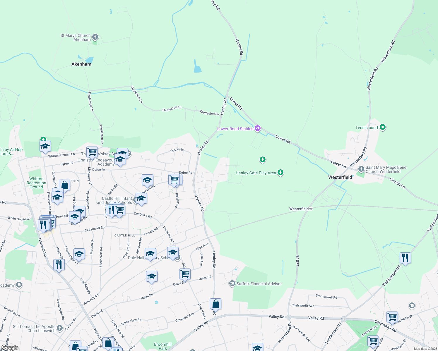 map of restaurants, bars, coffee shops, grocery stores, and more near 15 Teasel Close in Suffolk
