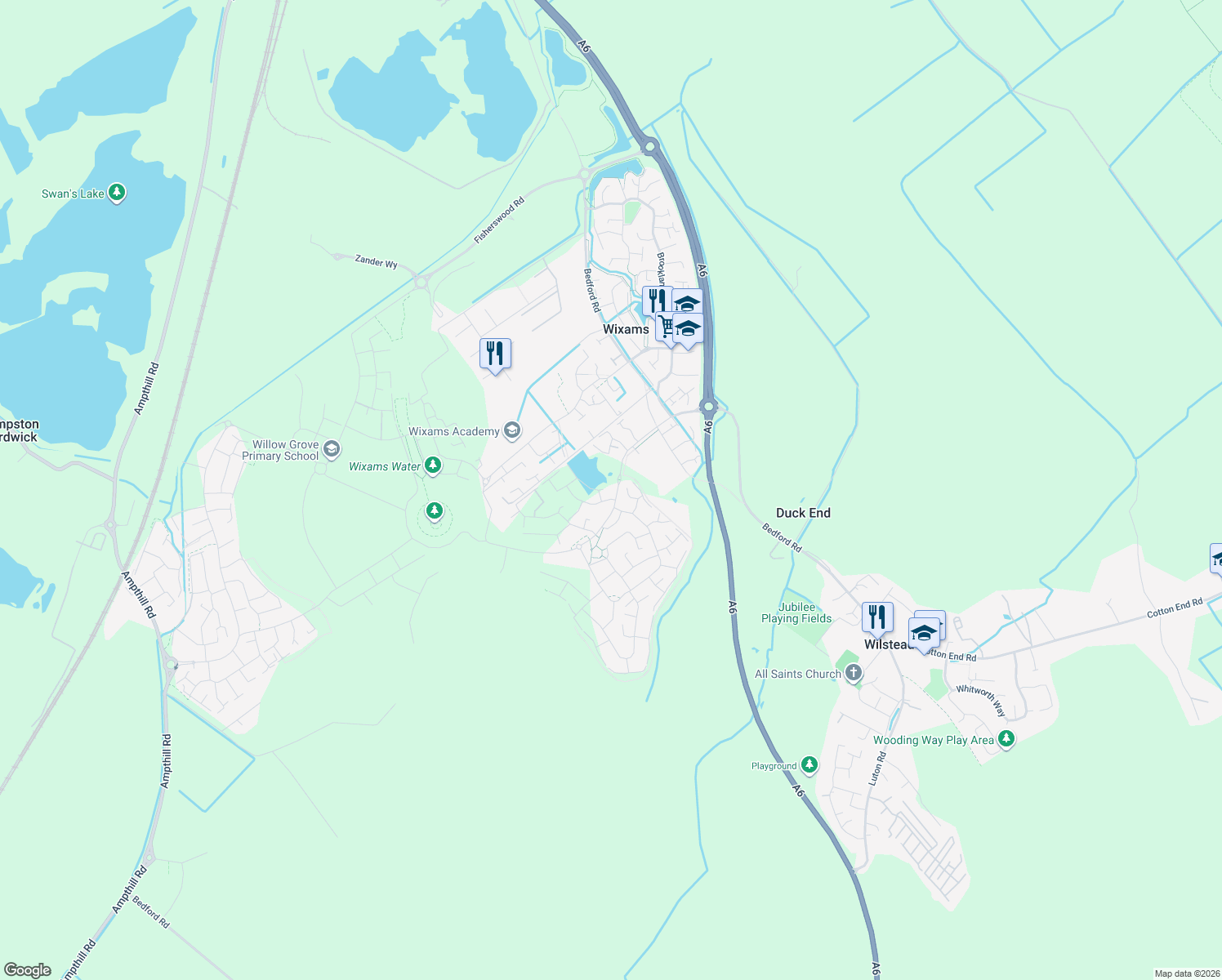 map of restaurants, bars, coffee shops, grocery stores, and more near Southern Cross in Wixams