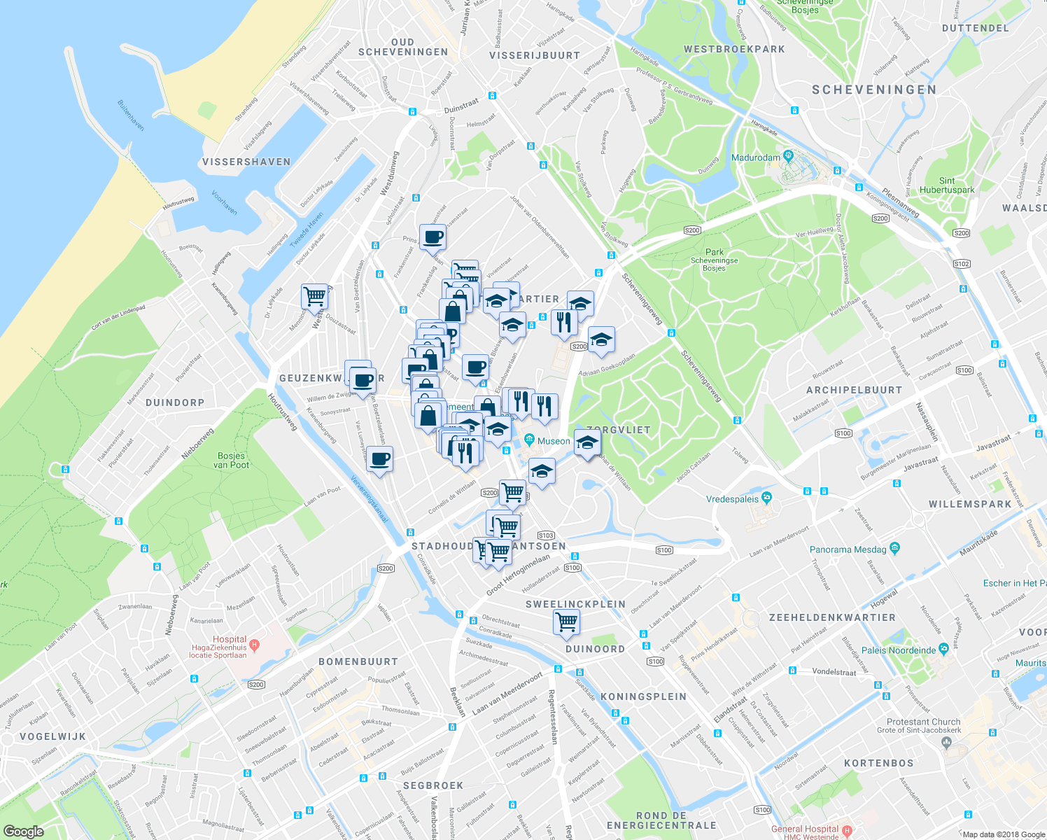 map of restaurants, bars, coffee shops, grocery stores, and more near 41 Stadhouderslaan in Den Haag