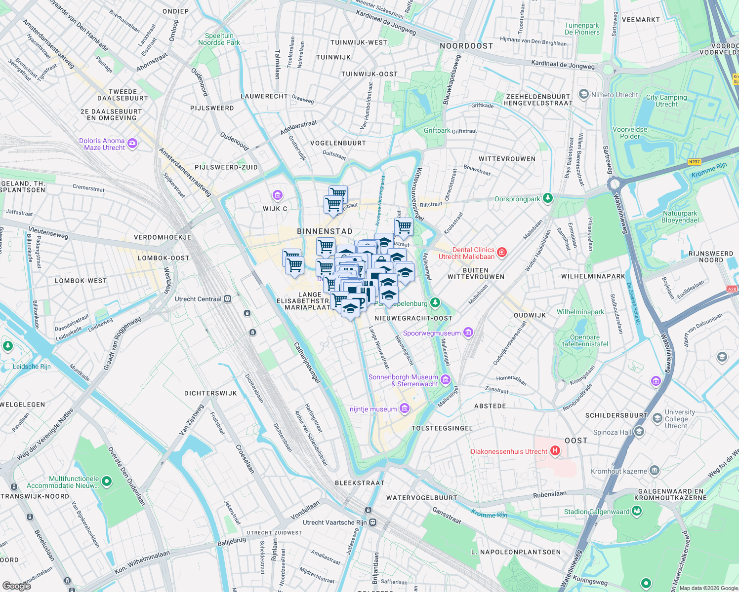 map of restaurants, bars, coffee shops, grocery stores, and more near 29 Domplein in Utrecht