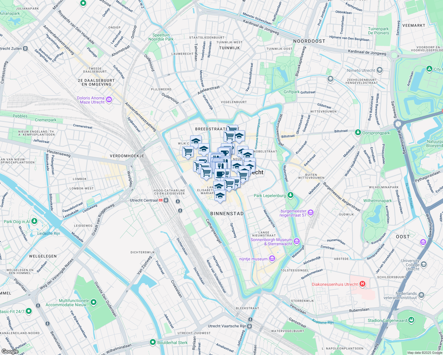 map of restaurants, bars, coffee shops, grocery stores, and more near 151 Oudegracht in Utrecht