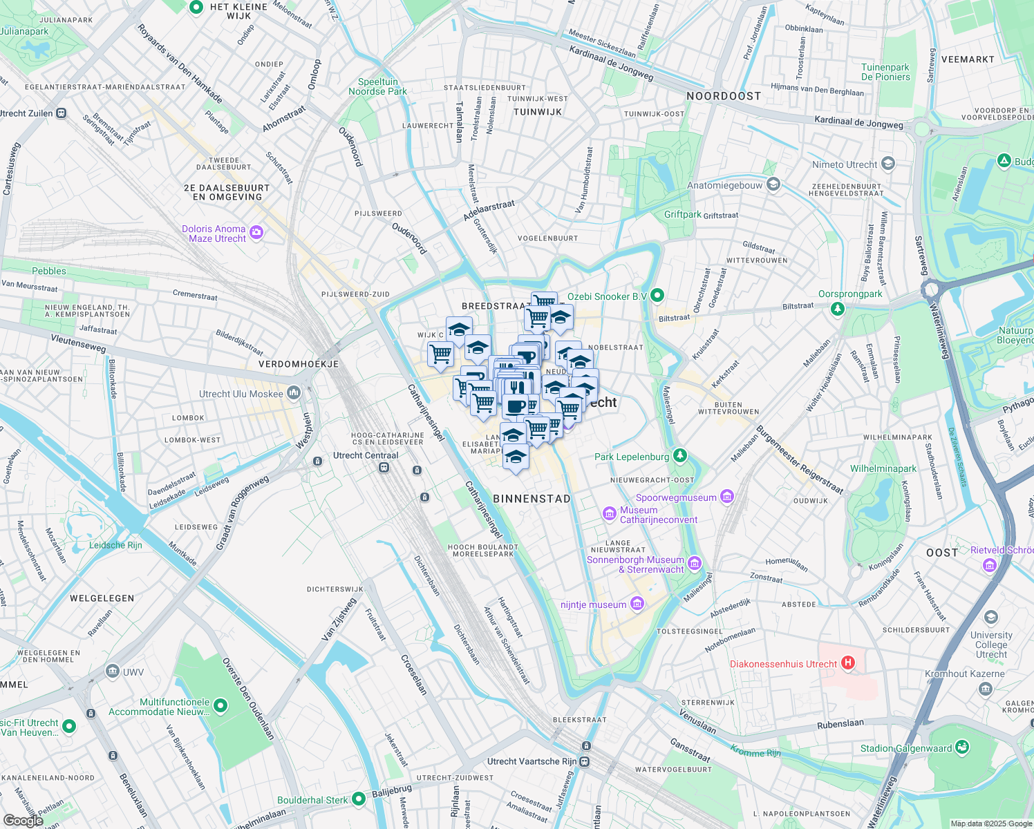 map of restaurants, bars, coffee shops, grocery stores, and more near 151 Oudegracht in Utrecht