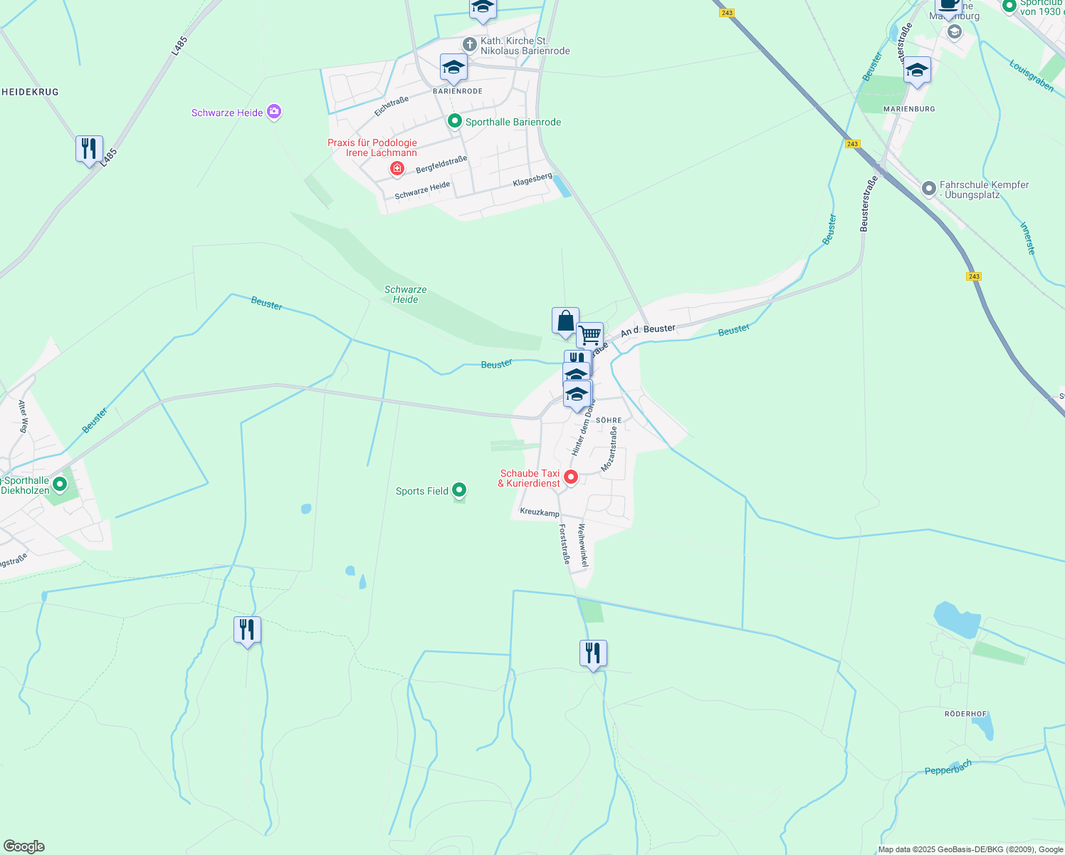 map of restaurants, bars, coffee shops, grocery stores, and more near in Diekholzen