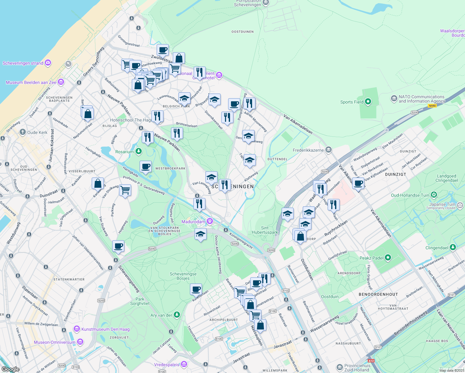 map of restaurants, bars, coffee shops, grocery stores, and more near in The Hague