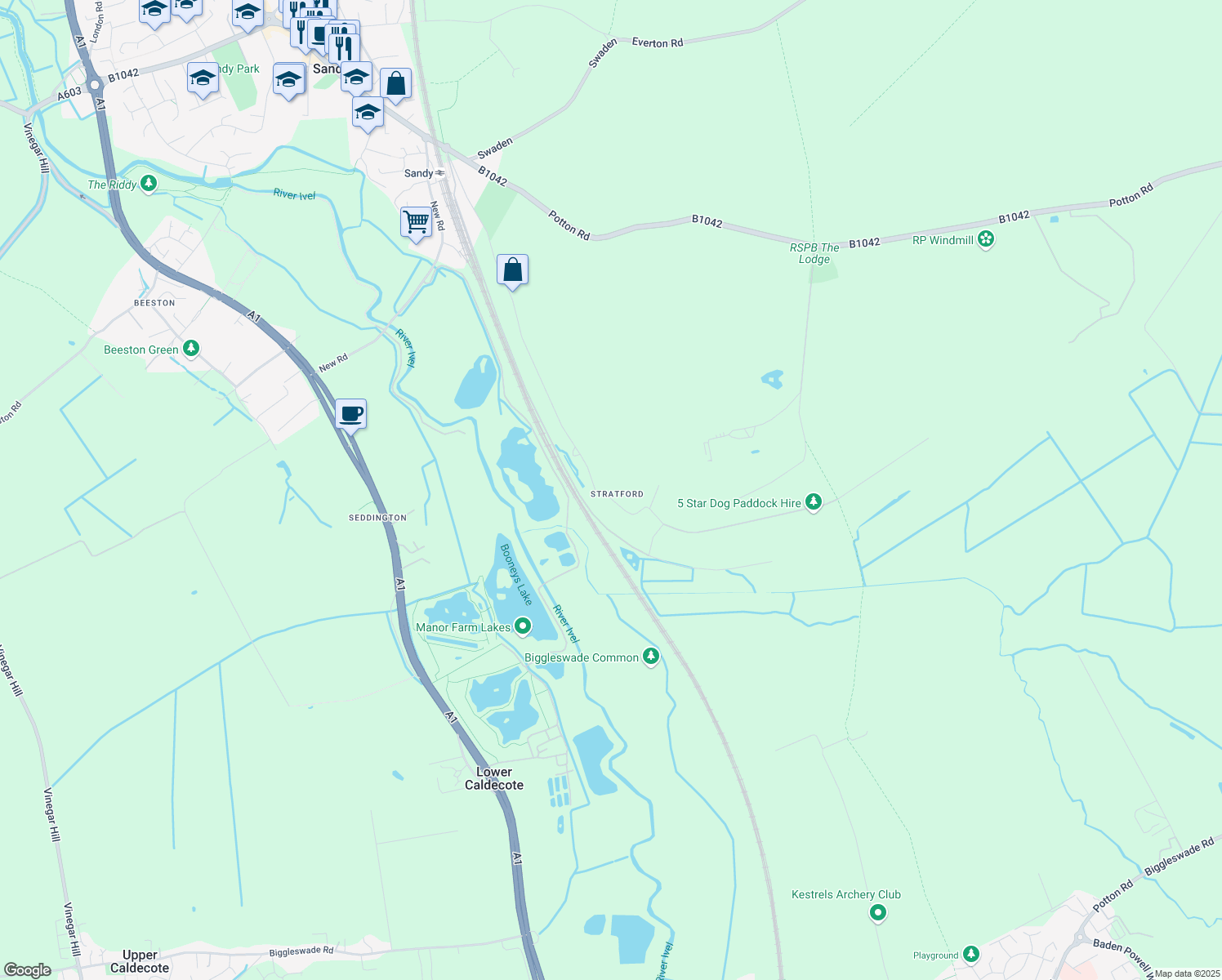 map of restaurants, bars, coffee shops, grocery stores, and more near Stratford Road in Central Bedfordshire