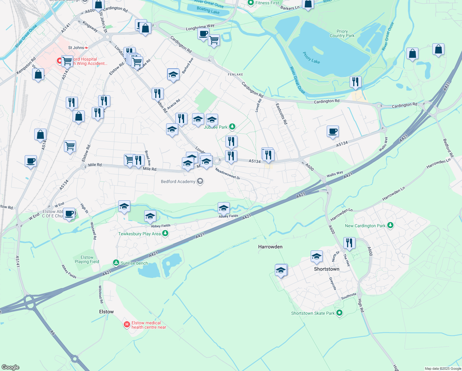 map of restaurants, bars, coffee shops, grocery stores, and more near Foxglove Way in Bedford