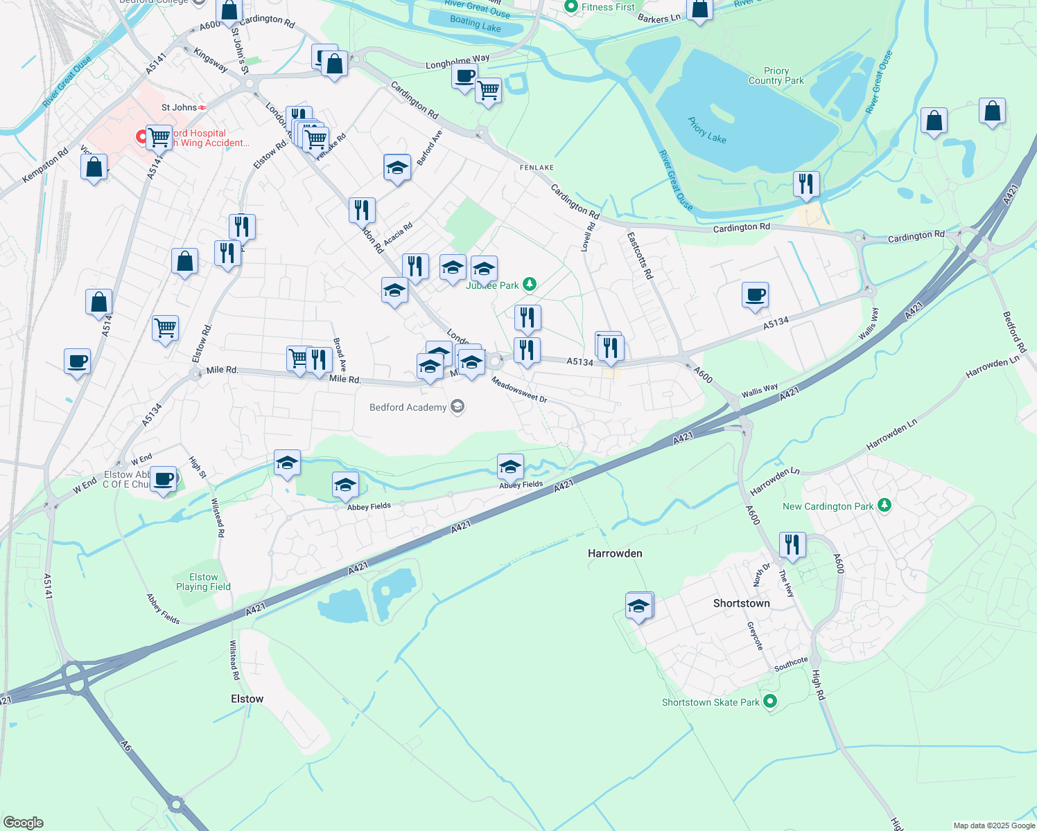 map of restaurants, bars, coffee shops, grocery stores, and more near Foxglove Way in Bedford