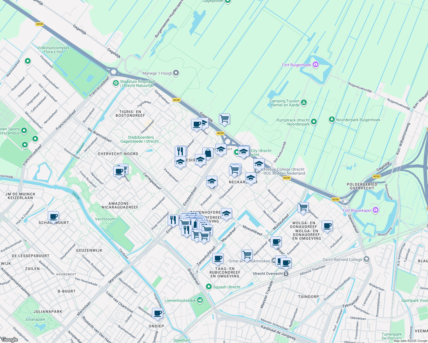 map of restaurants, bars, coffee shops, grocery stores, and more near 25 Lunenburchdreef in Utrecht