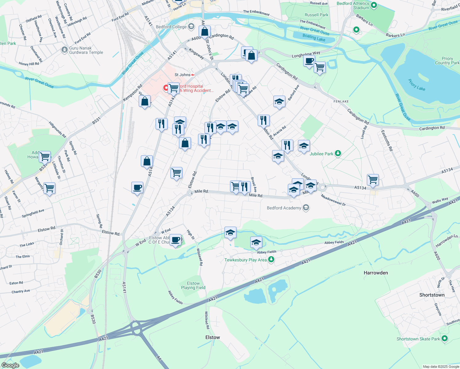 map of restaurants, bars, coffee shops, grocery stores, and more near Harewood Road in Bedford