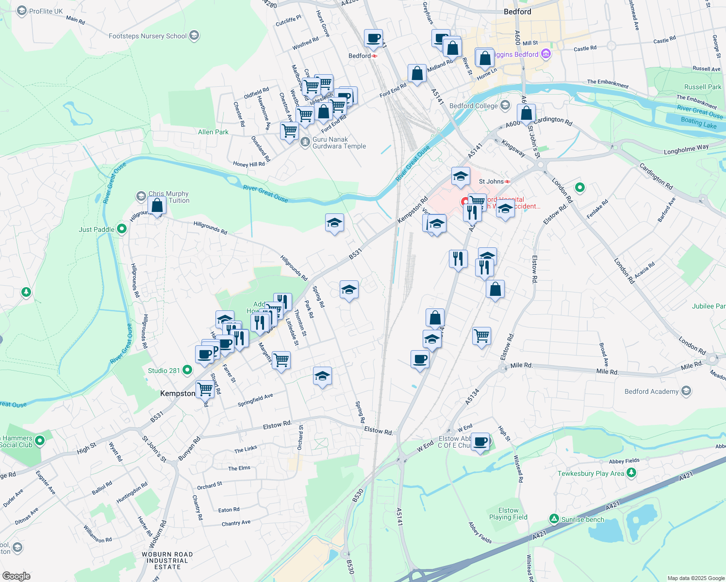 map of restaurants, bars, coffee shops, grocery stores, and more near Ryswick Road in Kempston