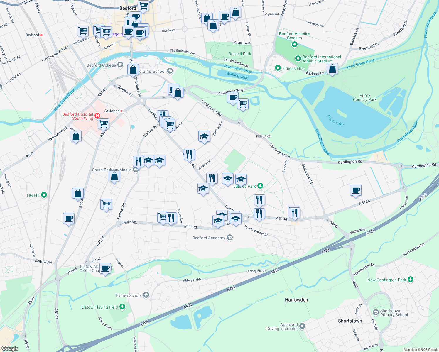 map of restaurants, bars, coffee shops, grocery stores, and more near Hazelwood Road in Bedford