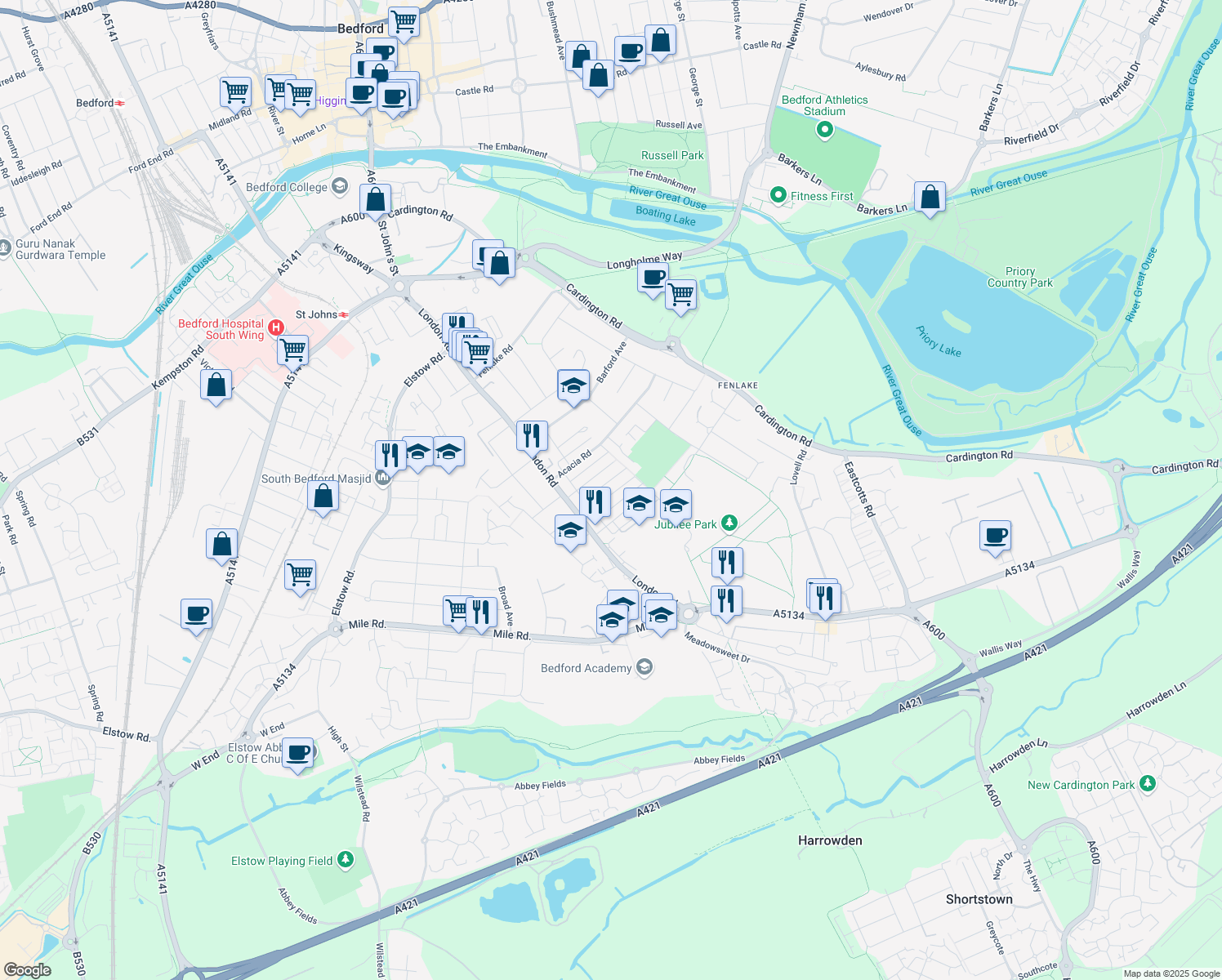 map of restaurants, bars, coffee shops, grocery stores, and more near Hazelwood Road in Bedford