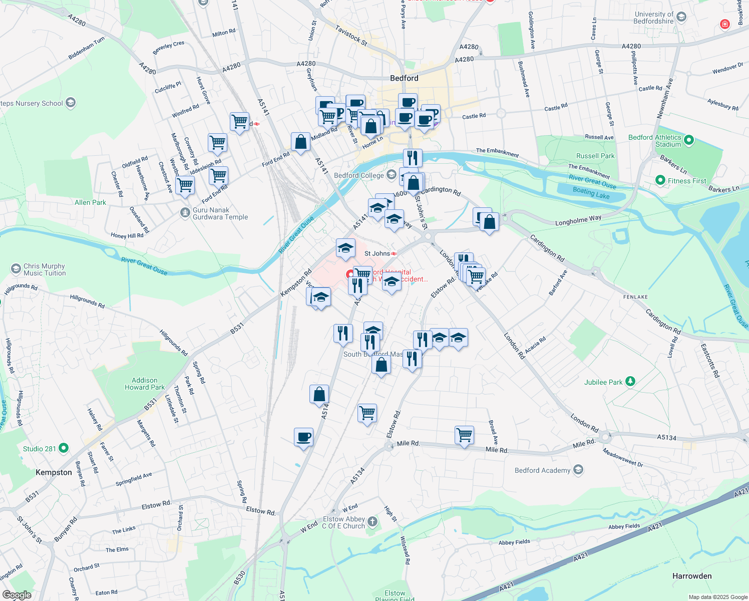 map of restaurants, bars, coffee shops, grocery stores, and more near Houghton Road in Bedford