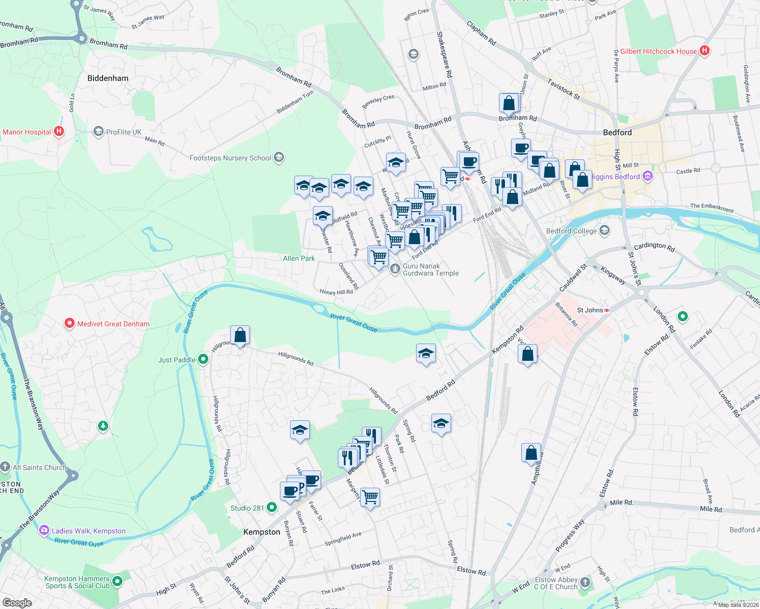 map of restaurants, bars, coffee shops, grocery stores, and more near Woodstock Road in Bedford