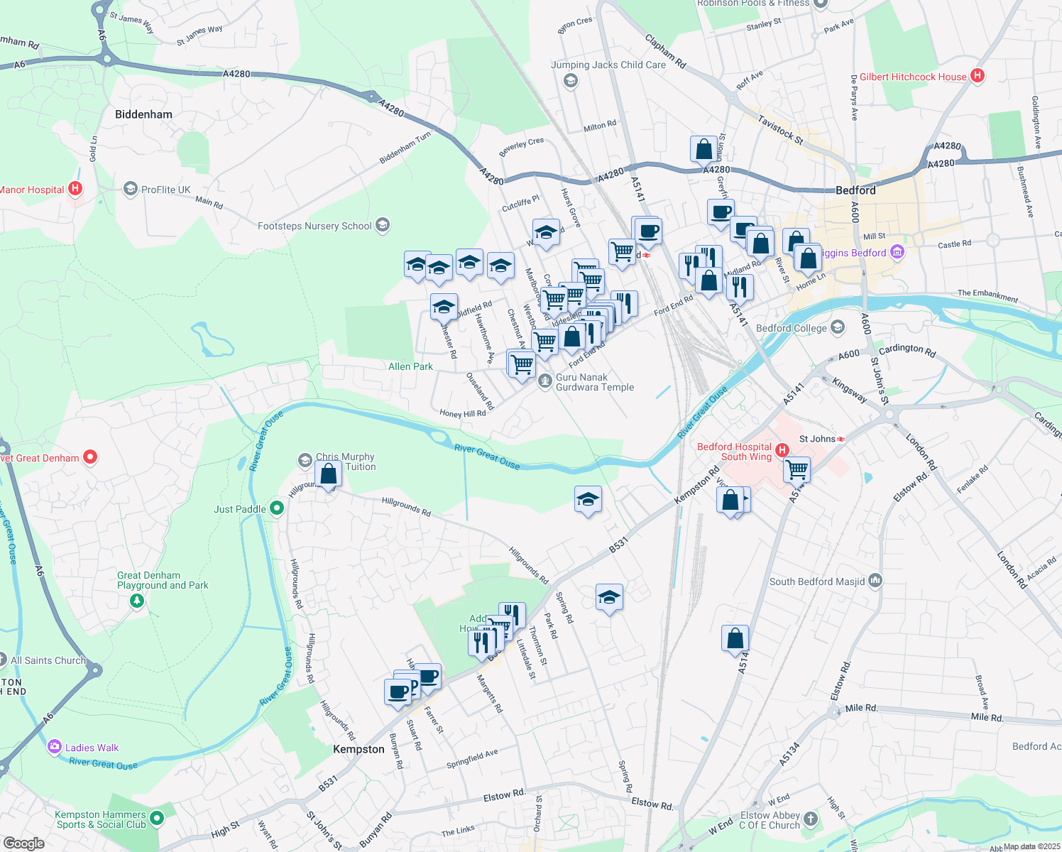 map of restaurants, bars, coffee shops, grocery stores, and more near Woodstock Road in Bedford