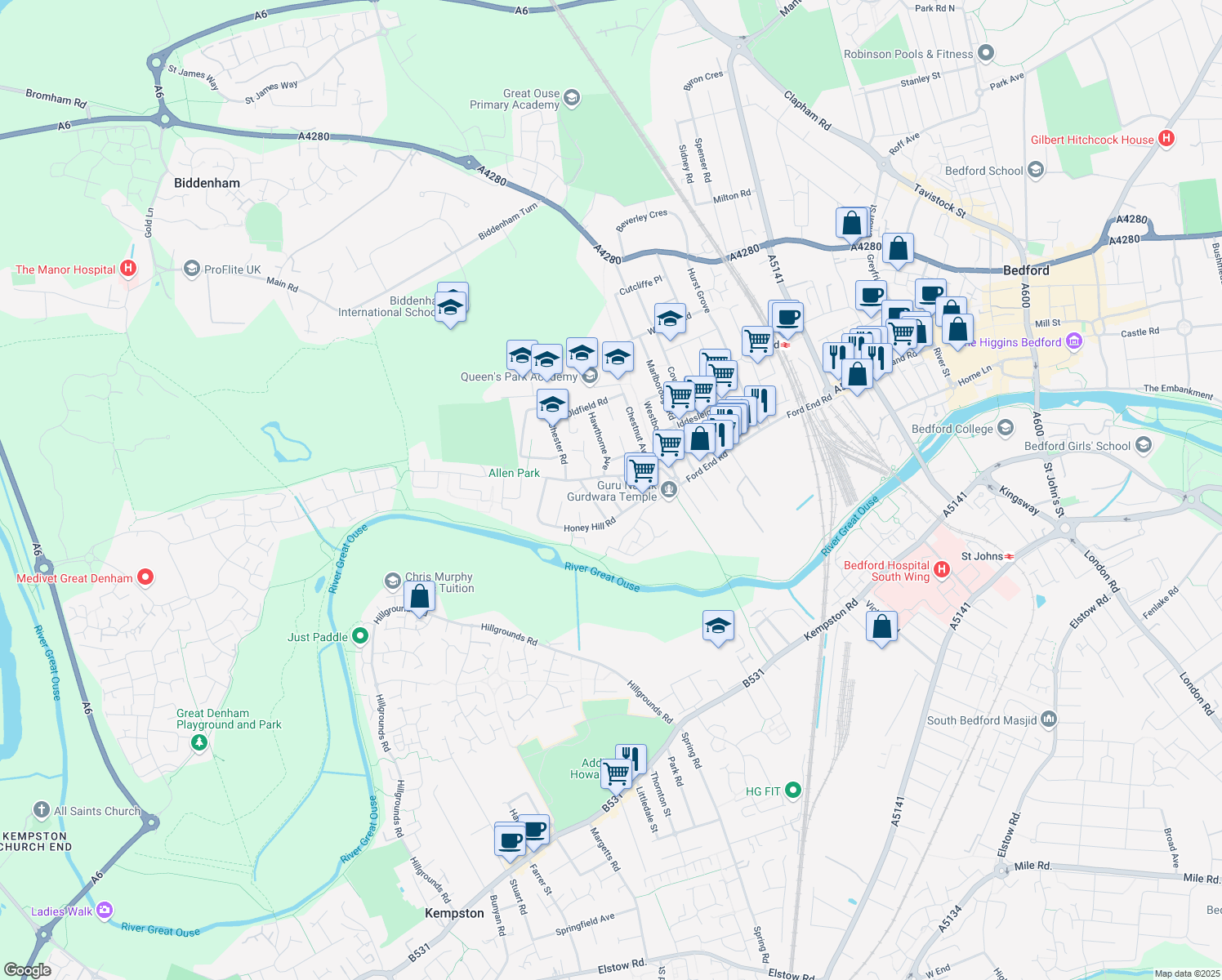 map of restaurants, bars, coffee shops, grocery stores, and more near Saint Paul's Road in Bedford