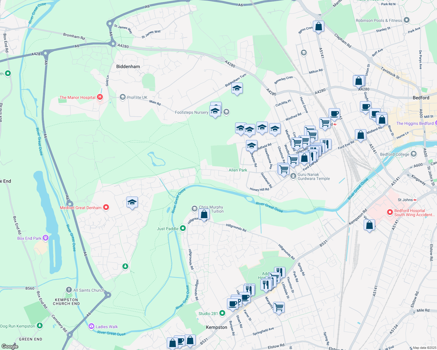 map of restaurants, bars, coffee shops, grocery stores, and more near Ranworth Walk in Bedford