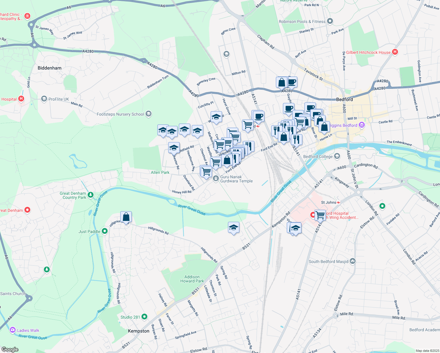 map of restaurants, bars, coffee shops, grocery stores, and more near Raleigh Street in Bedford
