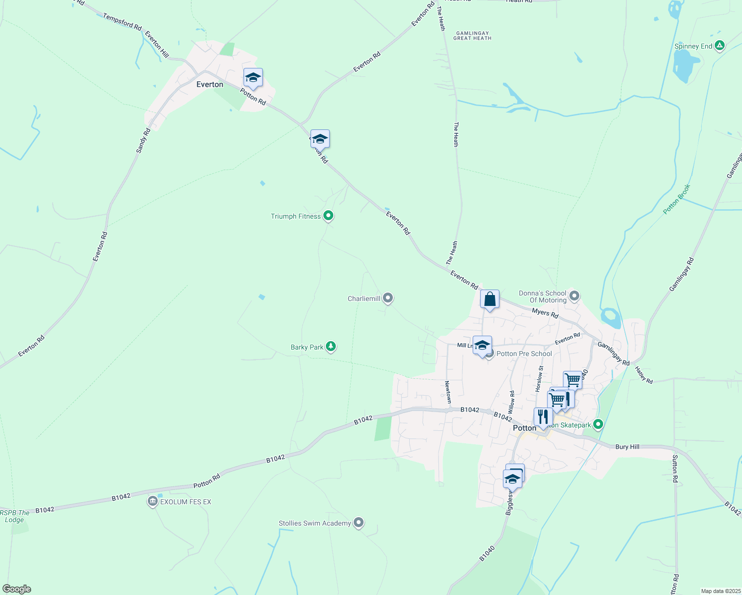 map of restaurants, bars, coffee shops, grocery stores, and more near Everton Road in Potton
