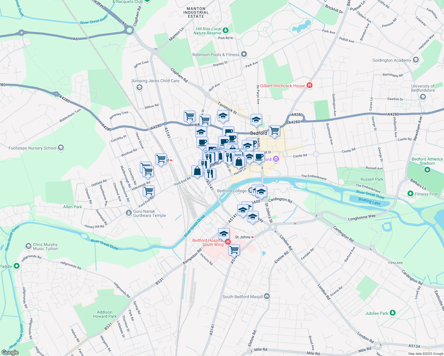 map of restaurants, bars, coffee shops, grocery stores, and more near Commercial Road in Bedford