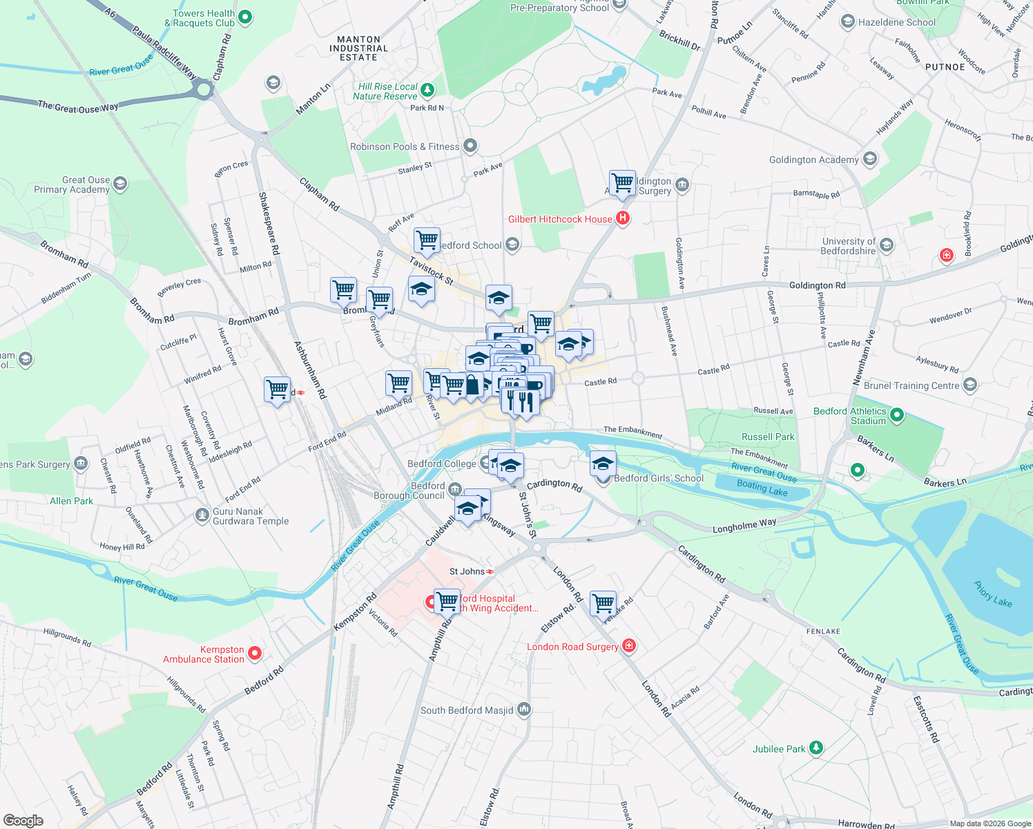 map of restaurants, bars, coffee shops, grocery stores, and more near in Bedford