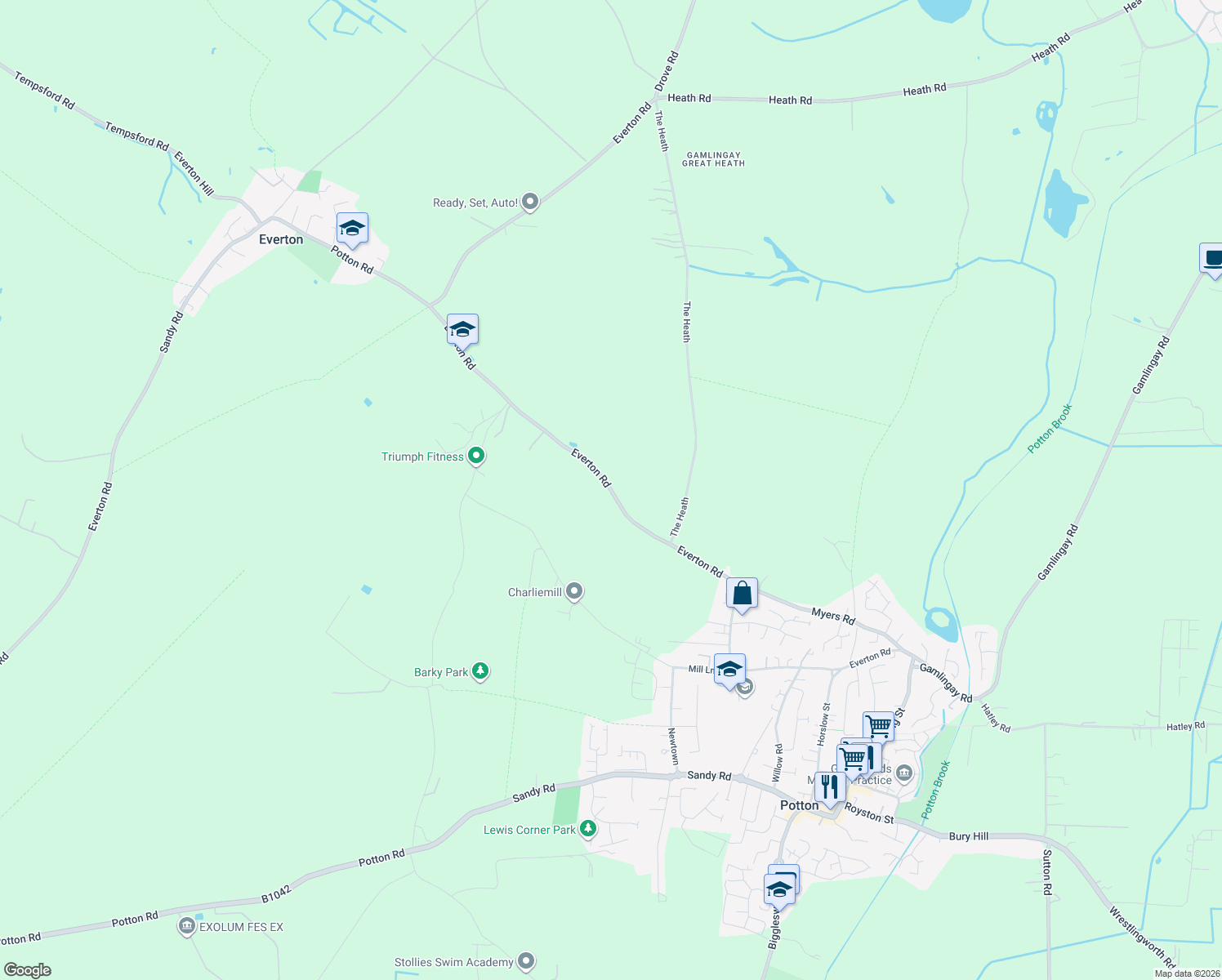 map of restaurants, bars, coffee shops, grocery stores, and more near Everton Road in Potton