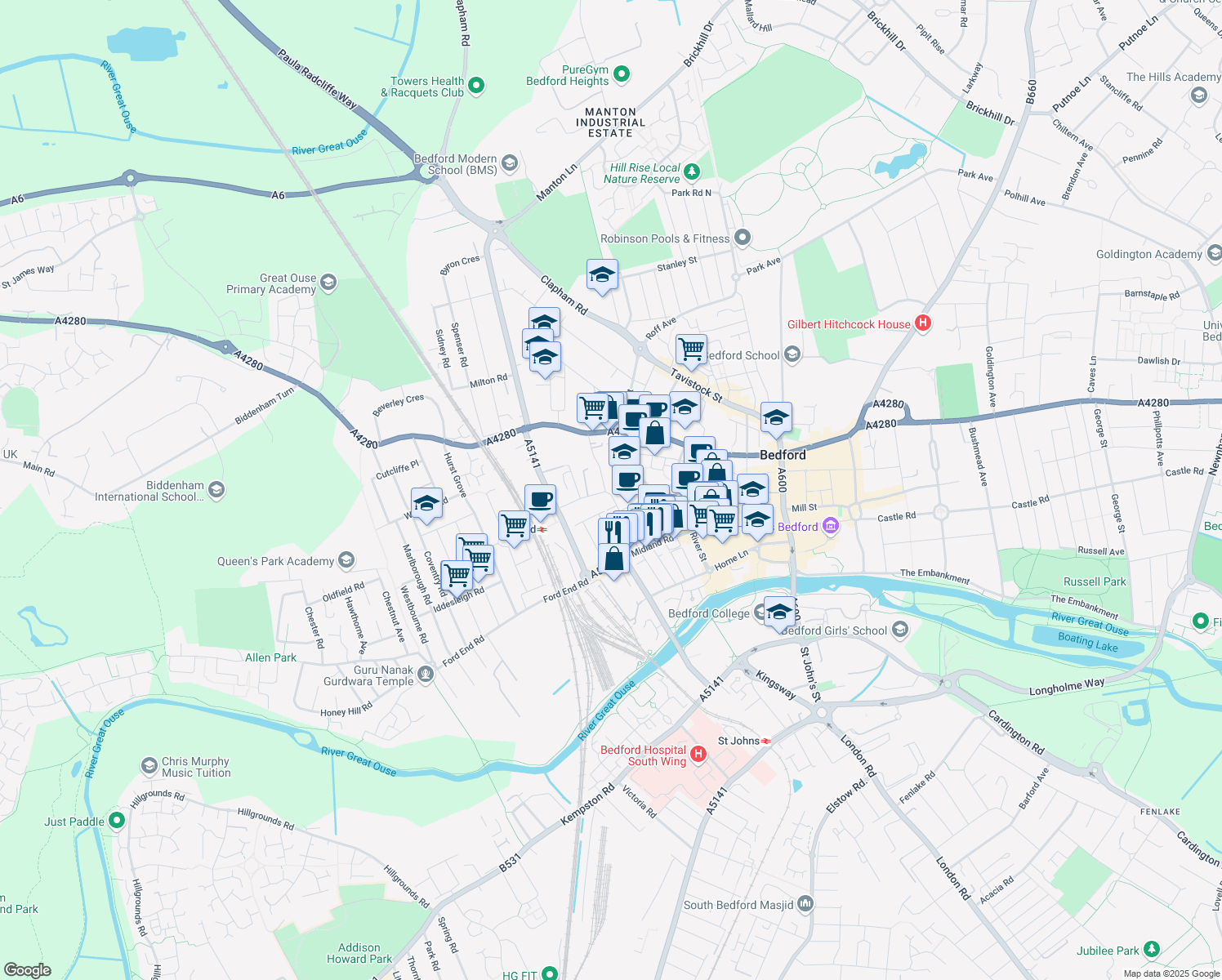 map of restaurants, bars, coffee shops, grocery stores, and more near Conduit Road in Bedford