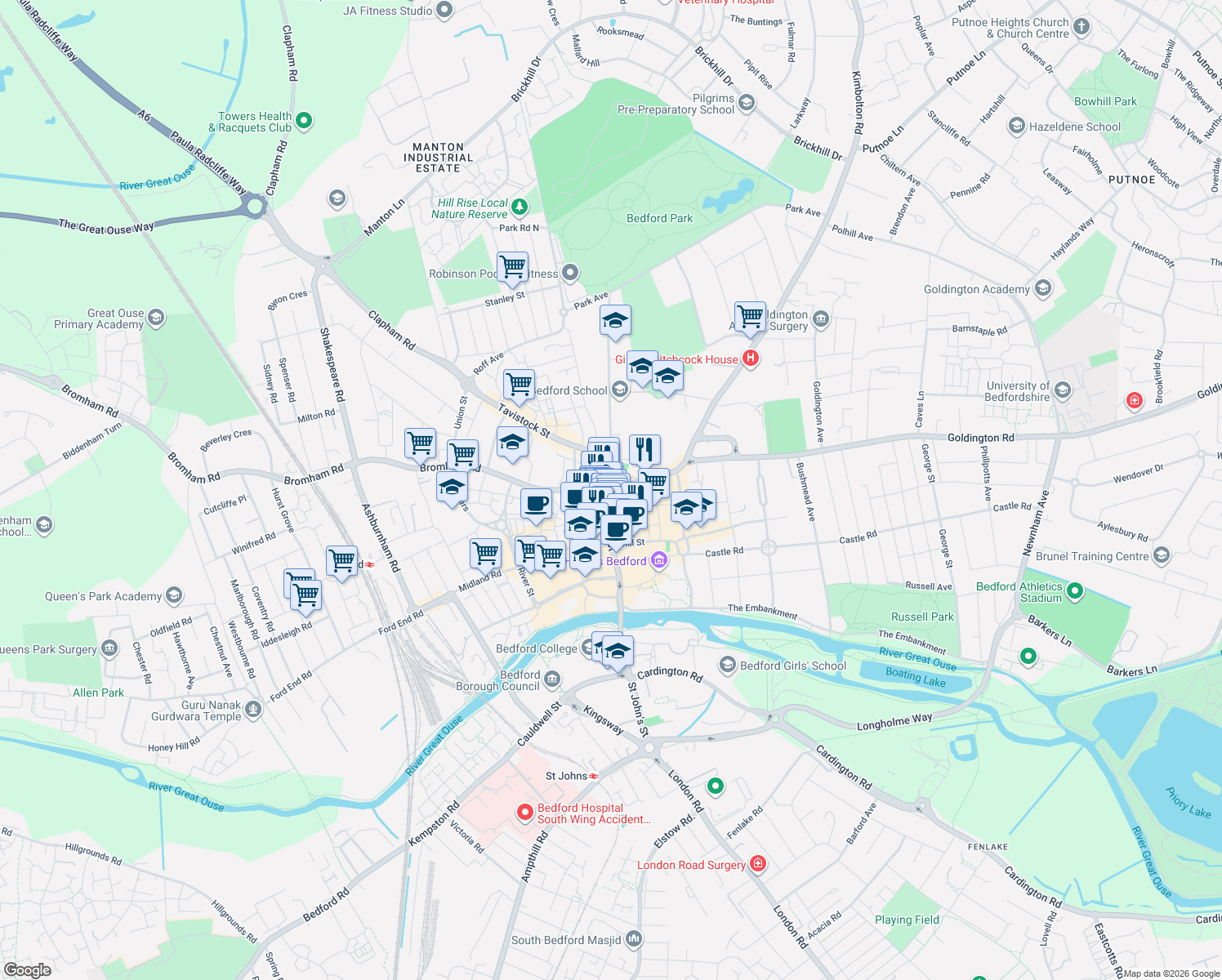 map of restaurants, bars, coffee shops, grocery stores, and more near in Bedford