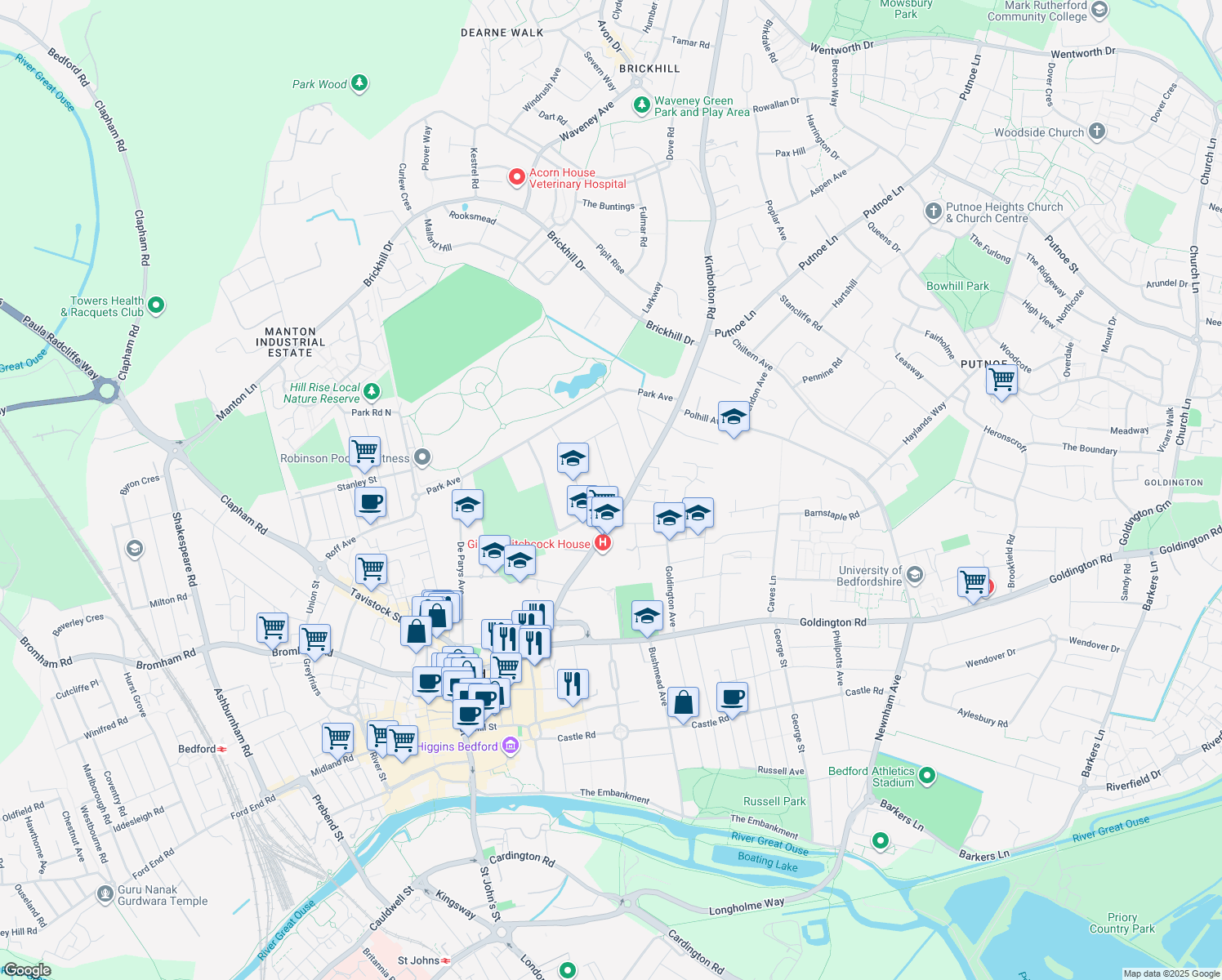 map of restaurants, bars, coffee shops, grocery stores, and more near Saint Michaels Road in Bedford