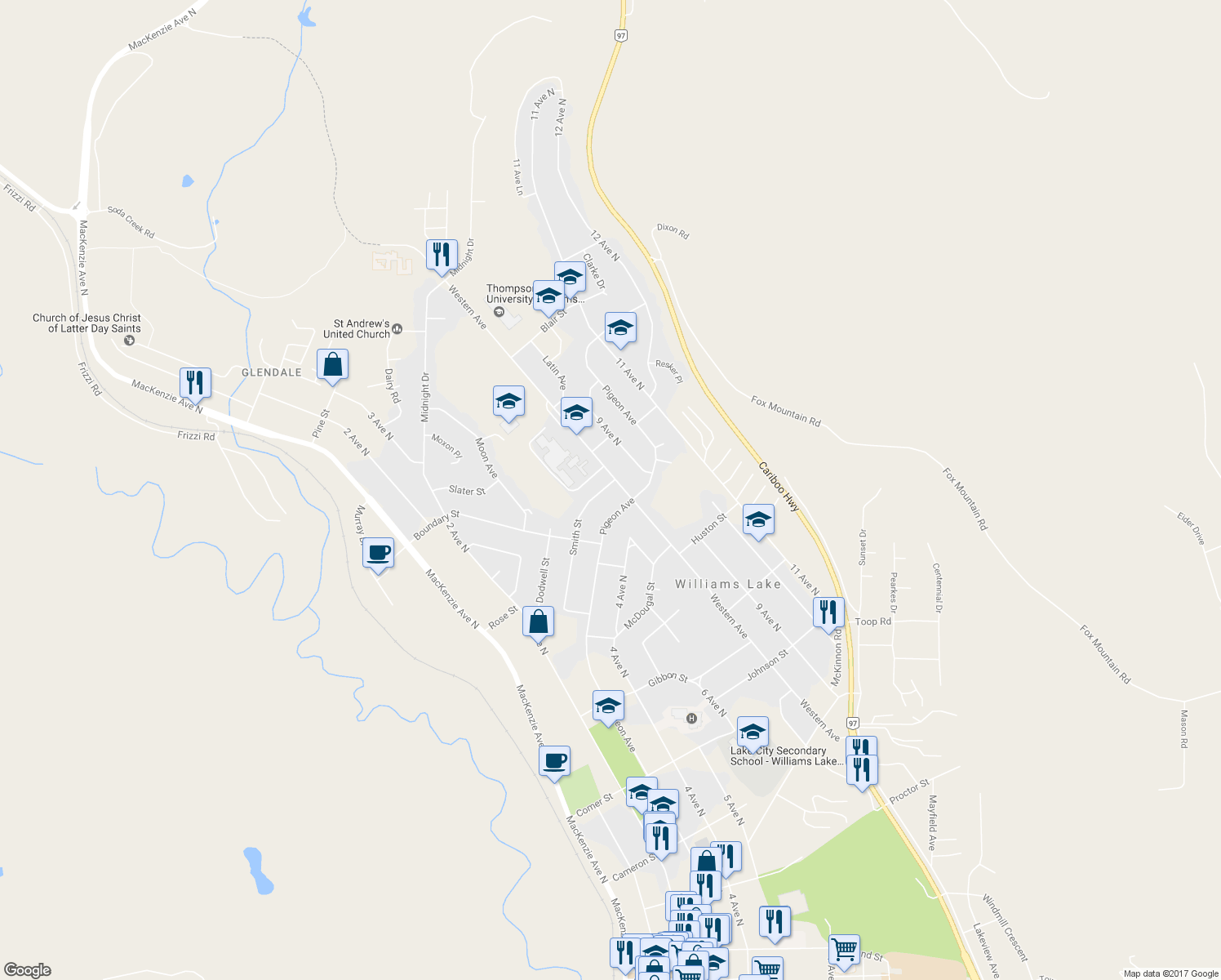 map of restaurants, bars, coffee shops, grocery stores, and more near 760 Smith Street in Williams Lake