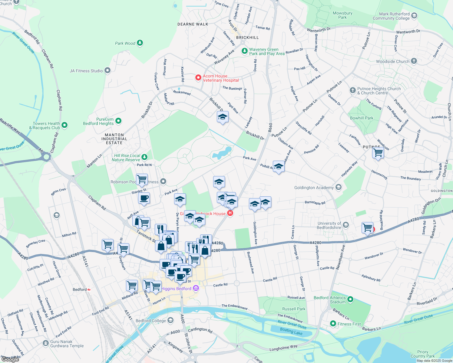 map of restaurants, bars, coffee shops, grocery stores, and more near Saint Michaels Road in Bedford